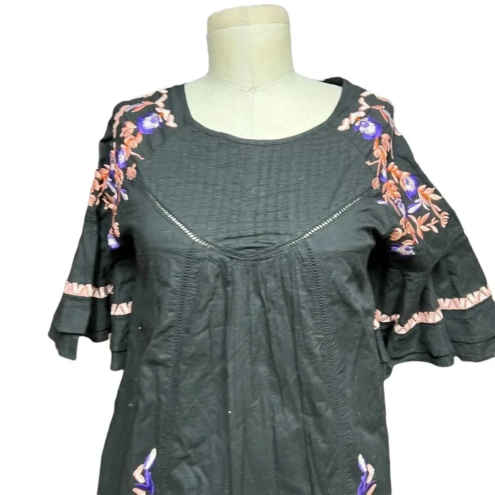 Free People Pavlo Embroidered Smock‎ Dress Black Purple Floral Size XS
